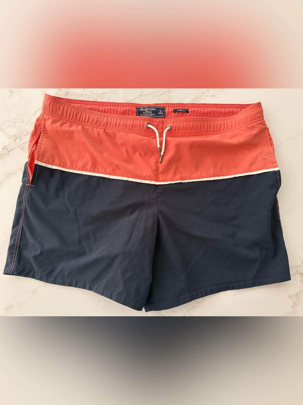 Abercrombie & Fitch Coral and Navy Colorblock Men's Swim Trunks Size: L